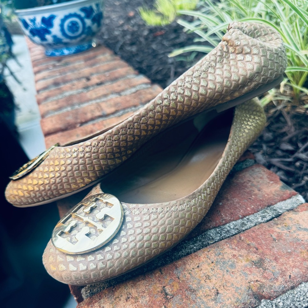 Tory Burch Reva ballet flats in gold metallic lizard-embossed leather